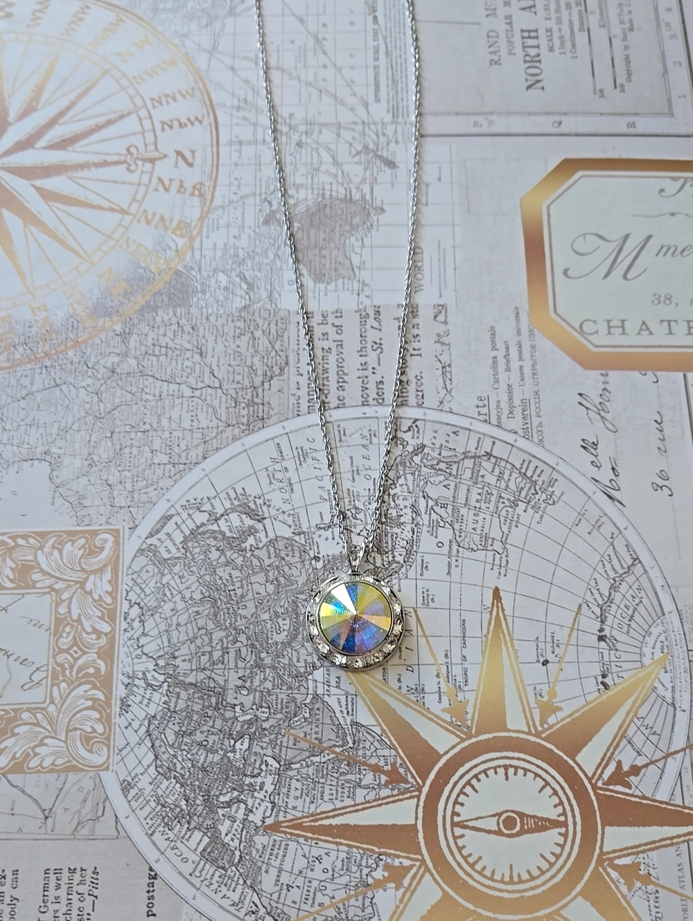 Silver-Tone Necklace with Iridescent Crystal Pendant - Women Jewelry